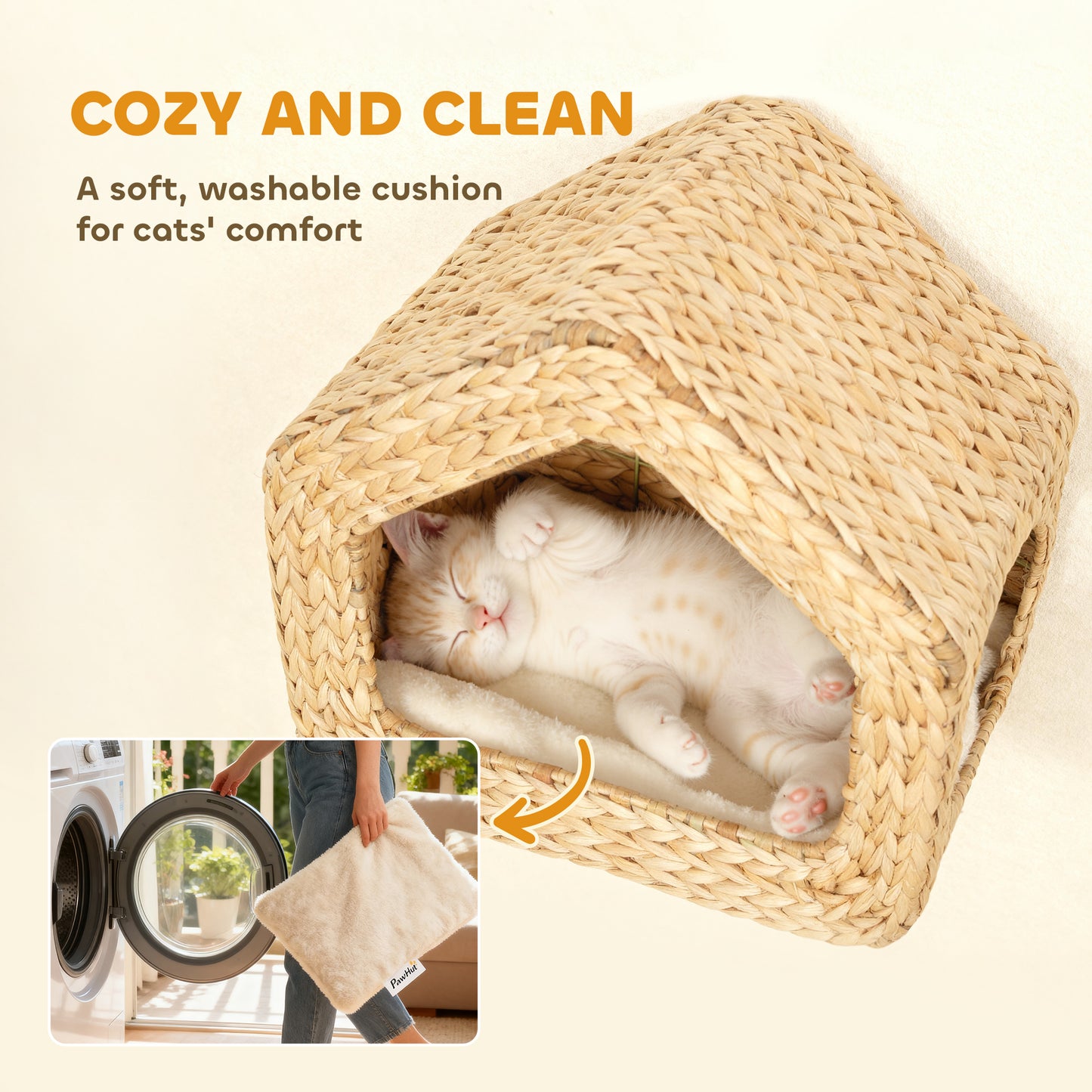 Wall-Mounted Cat Shelf with Washable Cushion – Natural