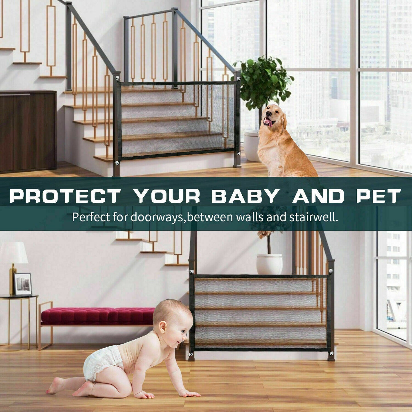 Pet Safety Gate – Portable Mesh Fence for Doors & Stairs