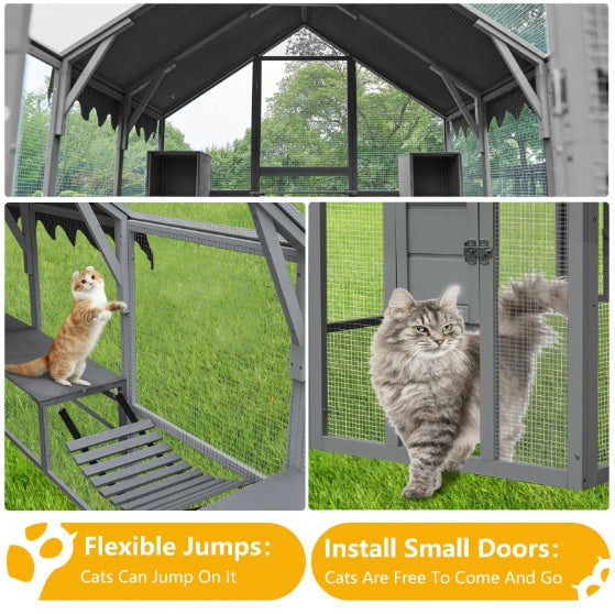 Outdoor Cat House with 110" Large Kitten Playpen - Upgrade Waterproof Cove