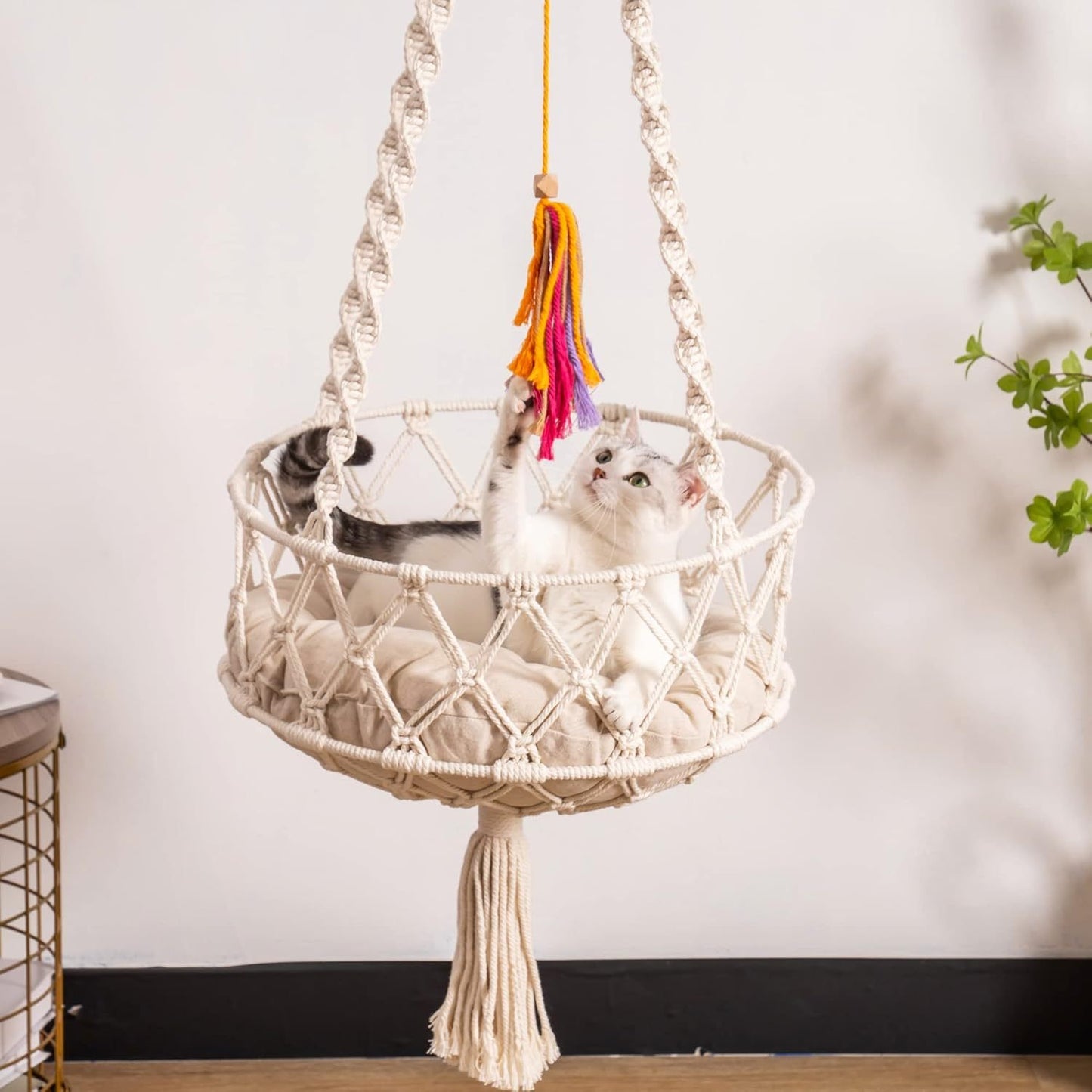 MEWOOFUN Cat Swing – Hanging Bed With Mat & Toy, Beige