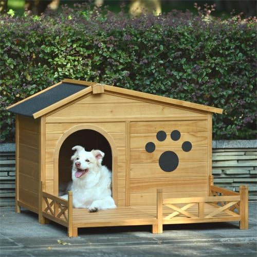 Outdoor Wooden Dog House with Porch – Medium, Natural