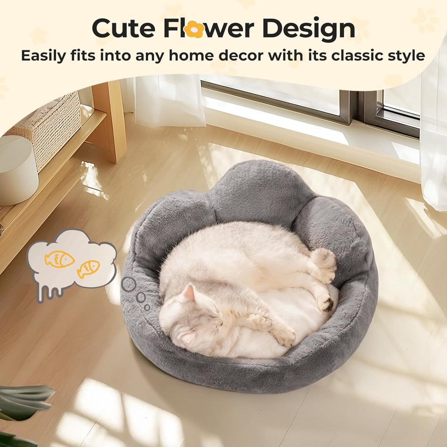MEWOOFUN Fluffy Cat & Small Dog Bed – Washable, Non-Slip, 23" Grey