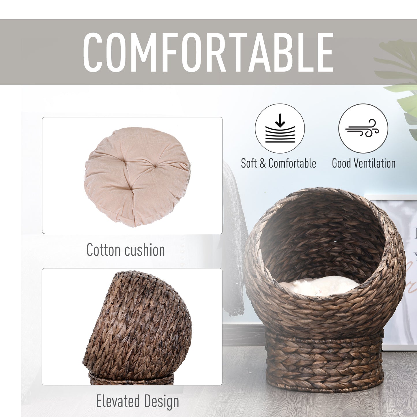 Handmade Wicker Elevated Cat Bed – Dark Brown with Cushion