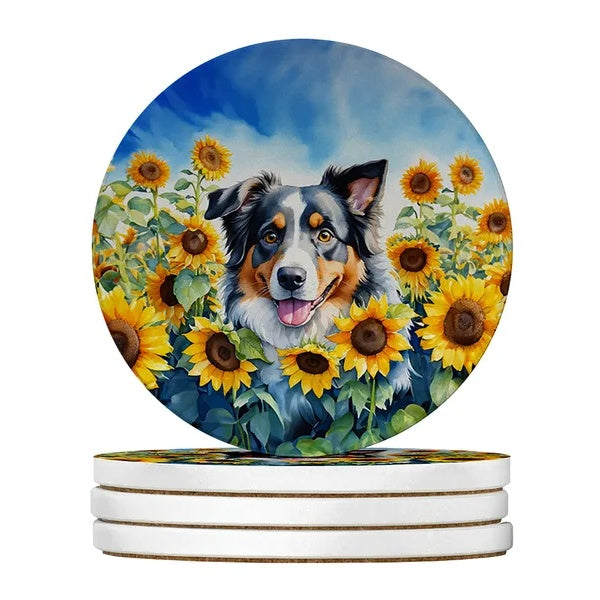 Silky Terrier Spring Path Sandstone Coasters – 4-Pack, 4" Round, Multicolor