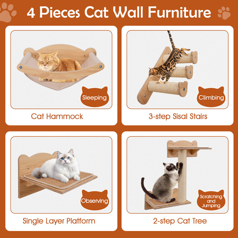 Wall-Mounted Cat Tree with Hammock & Stairs
