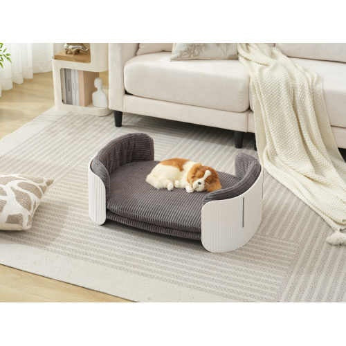 Scandinavian Cat Sofa, Elevated Bed with Removable Cover, White & Grey