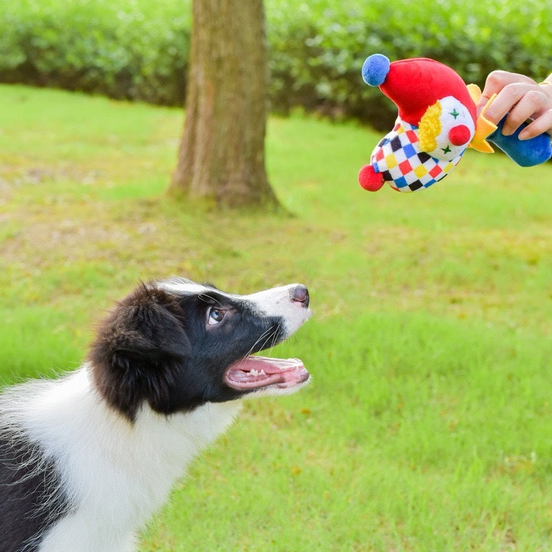 Interactive Plush Dog Toy Bundle - Clown Wobble Hammer & Bunny Squeeze Hat 2-Pack