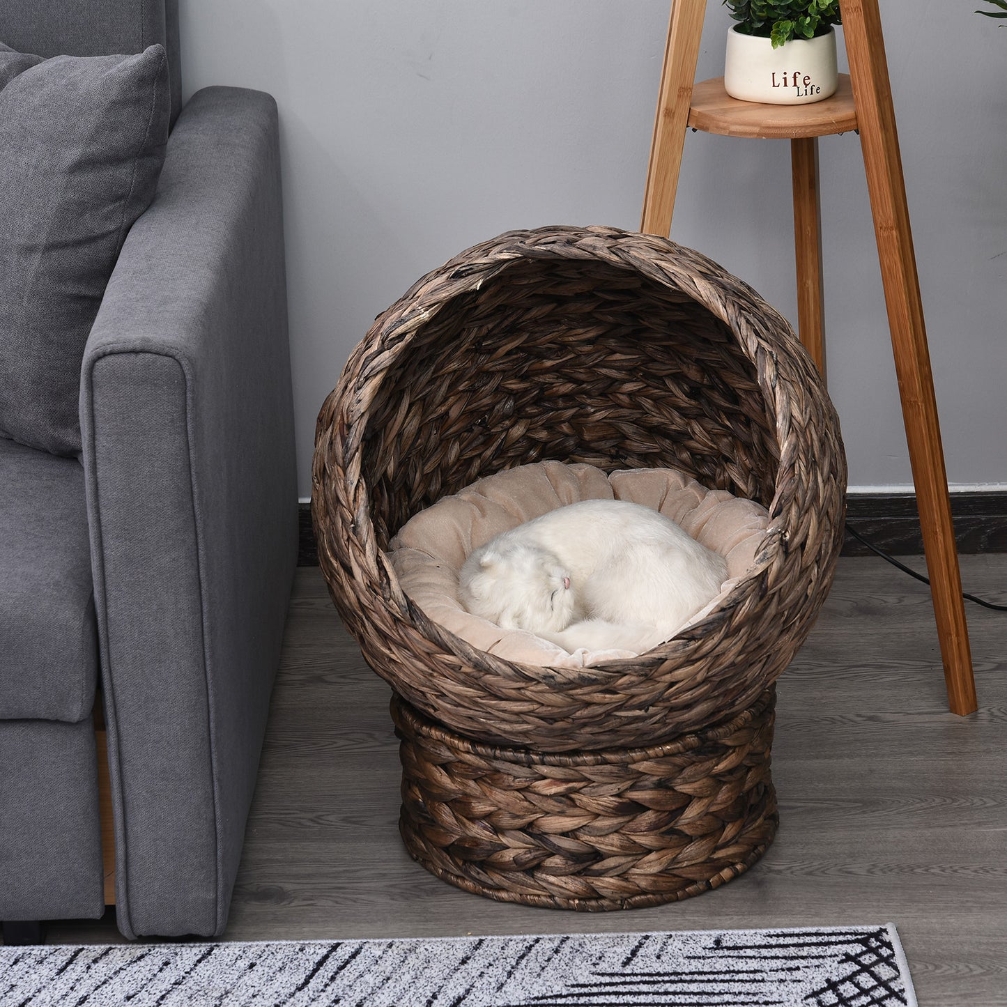 Handmade Wicker Elevated Cat Bed – Dark Brown with Cushion