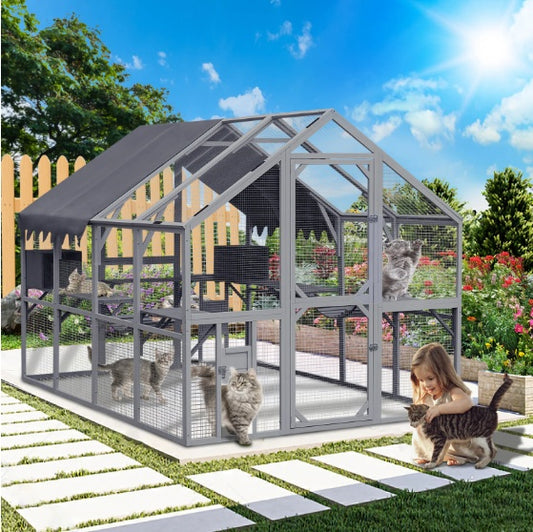 Outdoor Cat House with 110" Large Kitten Playpen - Upgrade Waterproof Cove