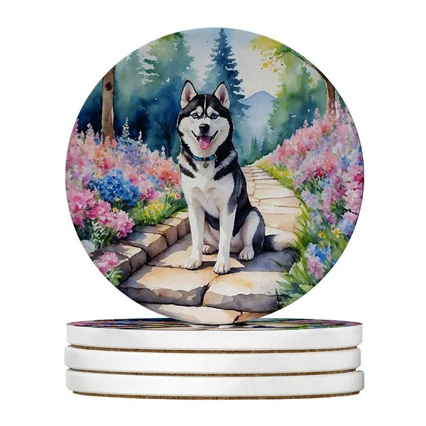 Silky Terrier Spring Path Sandstone Coasters – 4-Pack, 4" Round, Multicolor