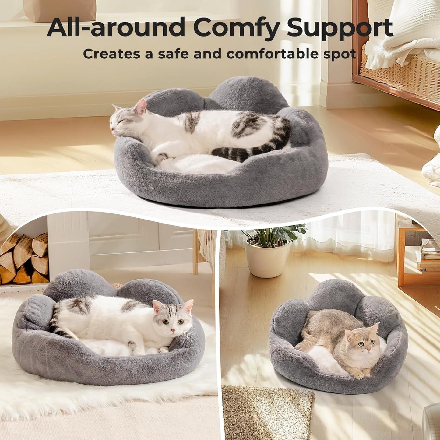 MEWOOFUN Fluffy Cat & Small Dog Bed – Washable, Non-Slip, 23" Grey