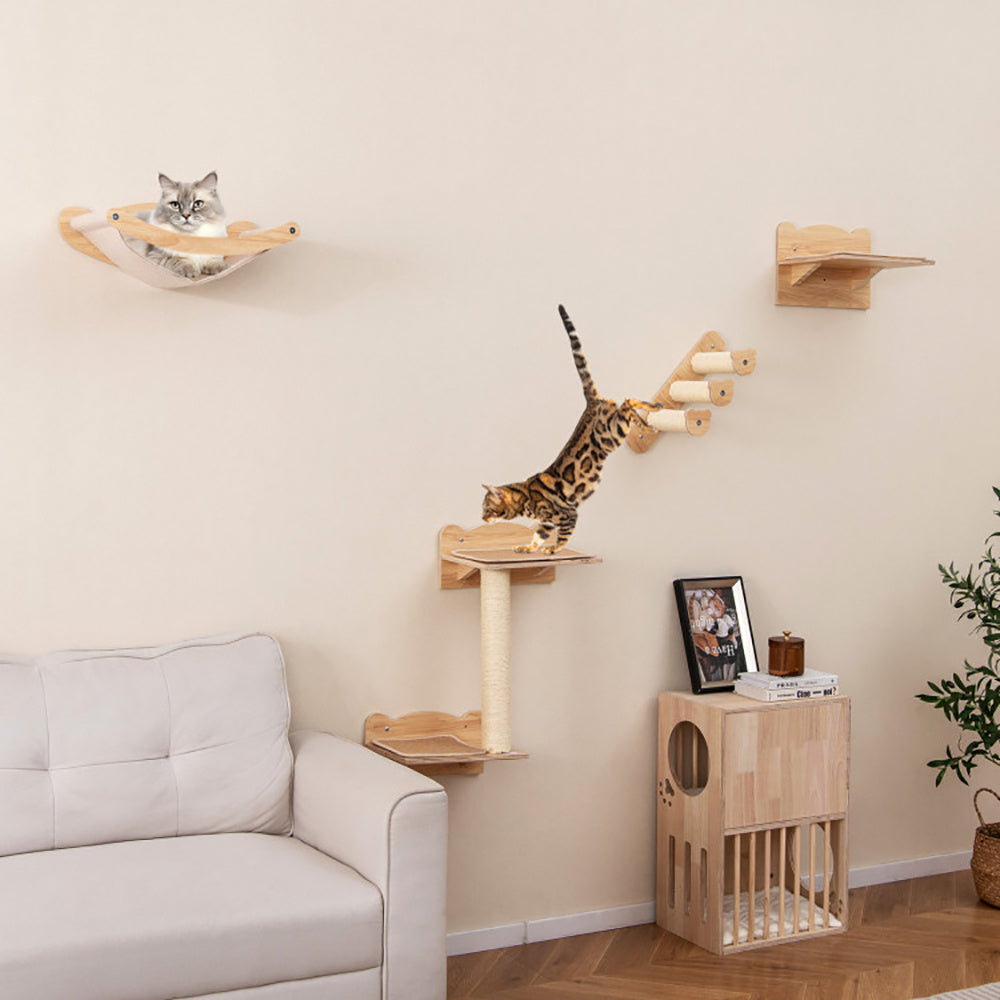 Wall-Mounted Cat Tree with Hammock & Stairs