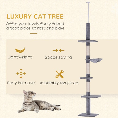 PawHut 9' Adjustable Floor-to-Ceiling Cat Tree – Grey & White