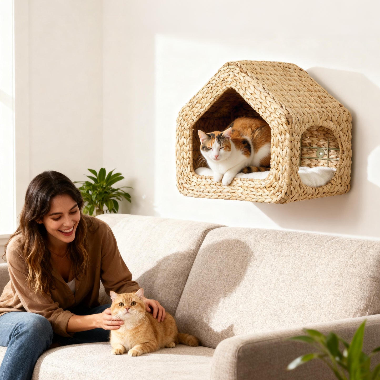 Wall-Mounted Cat Shelf with Washable Cushion – Natural