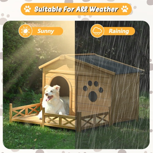 Outdoor Wooden Dog House with Porch – Medium, Natural