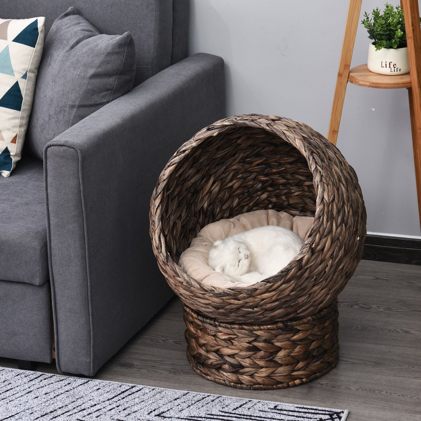 Handmade Wicker Elevated Cat Bed – Dark Brown with Cushion