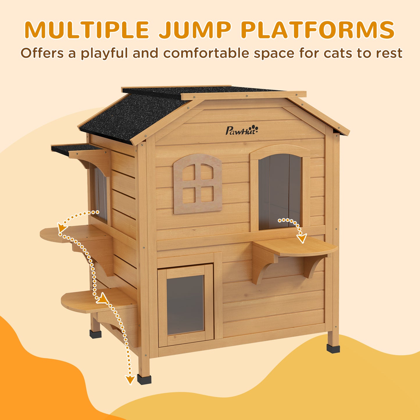 2-Story Outdoor Wooden Cat House with Escape Door & Roof