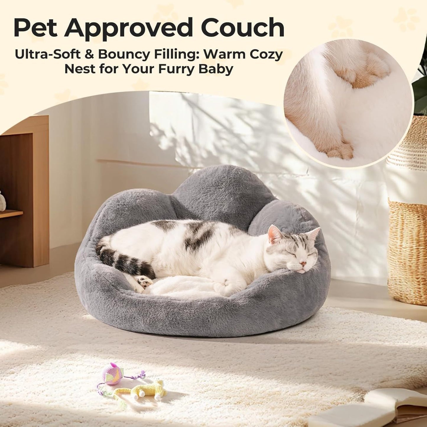 MEWOOFUN Fluffy Cat & Small Dog Bed – Washable, Non-Slip, 23" Grey